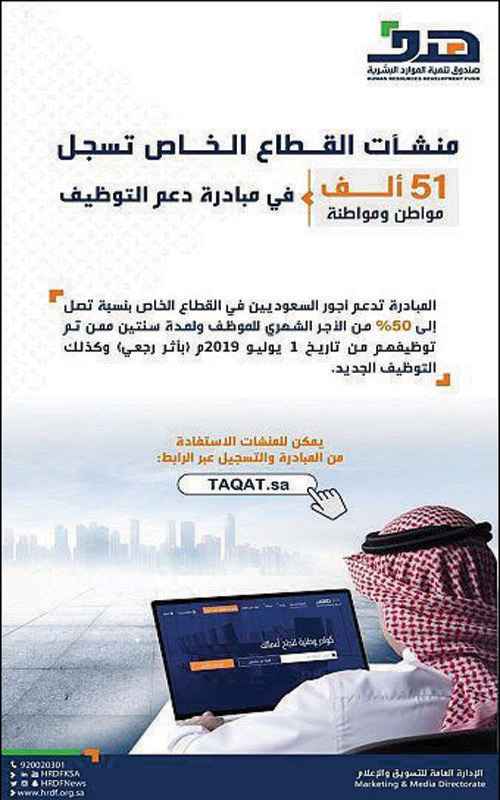 «هدف»: التحاق 51 ألف مواطن ومواطنة بمبادرة «دعم التوظيف» لدعم أجور السعوديين حتى 50 % 