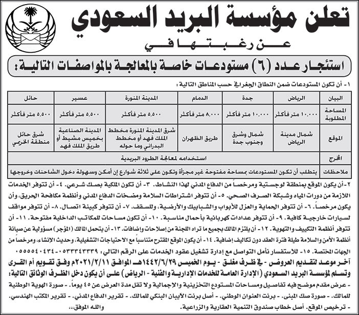 تعلن مؤسسة البريد السعودي عن رغبتها في استئجار 6 مستودعات خاصة 