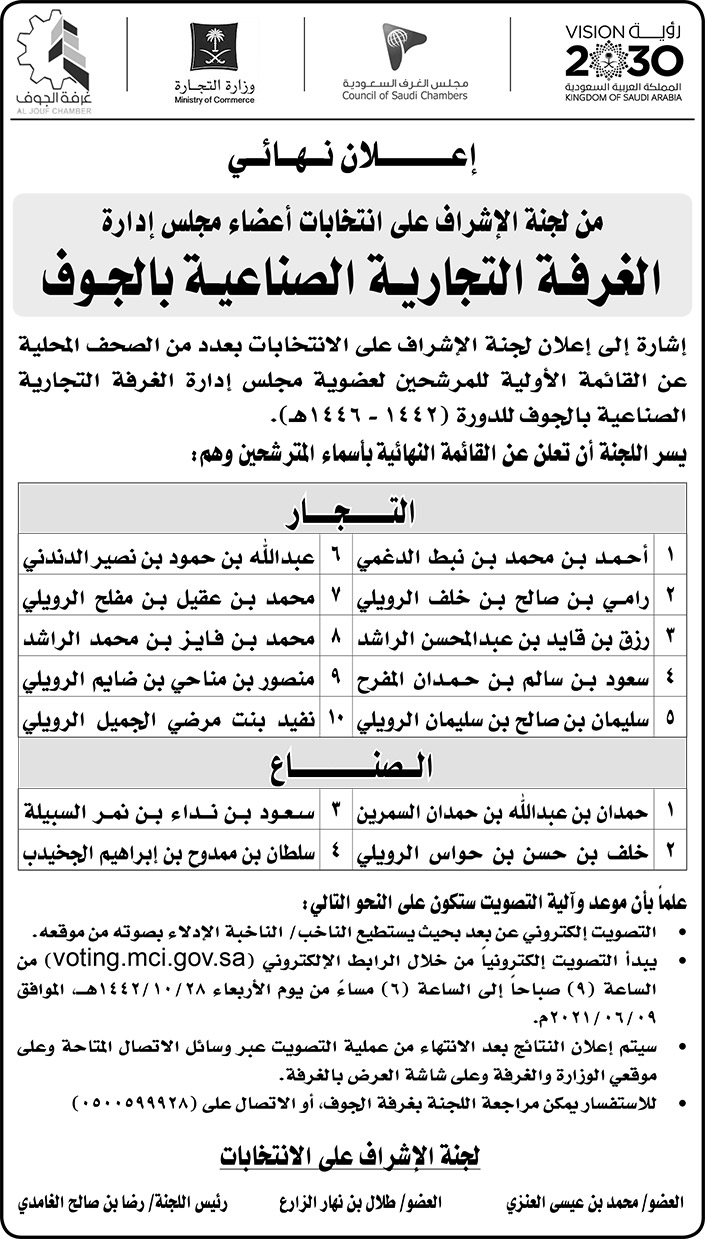 إعلان نهائي من لجنة الإشراف على انتخابات أعضاء مجلس إدارة الغرفة التجارية الصناعية بالجوف 