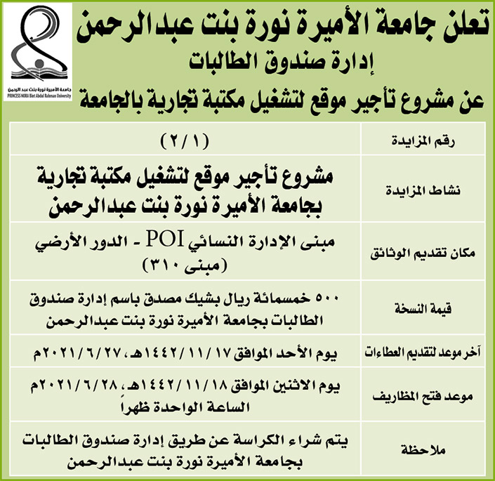 جامعة نورة بنت عبدالرحمن - إدارة صندوق الطلبات تعلن عن مشروع تأجير موقع لتشغيل مكتبة تجارية بالجامعة 