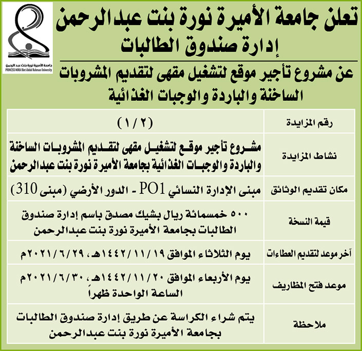 جامعة الأميرة نورة بنت عبدالرحمن تعلن عن مشروع تأجير موقع لتشغيل مقهى لتقديم المشروبات الساخنة والباردة والوجبات الغذائية 
