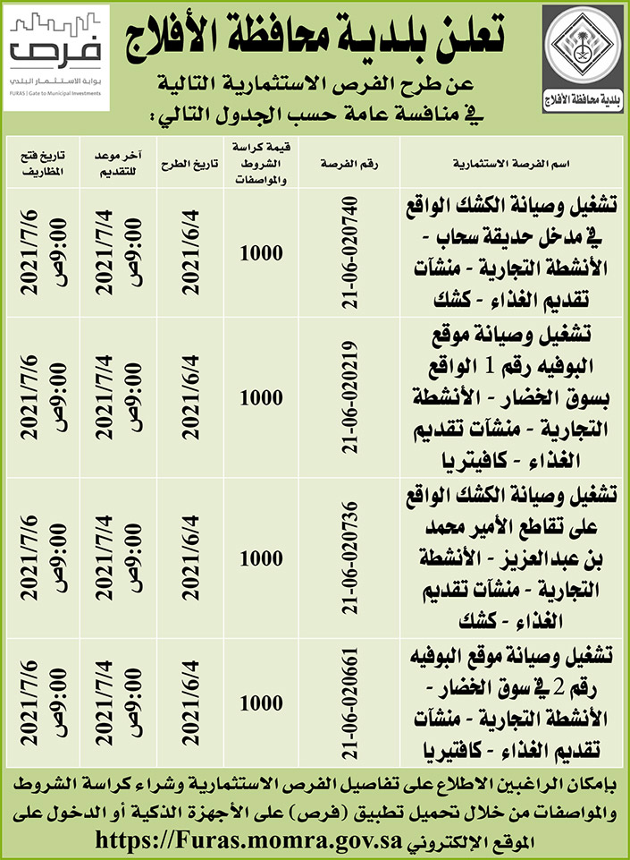 بلدية محافظة الأفلاج تطرح فرصاً استثمارية في منافسة عامة 