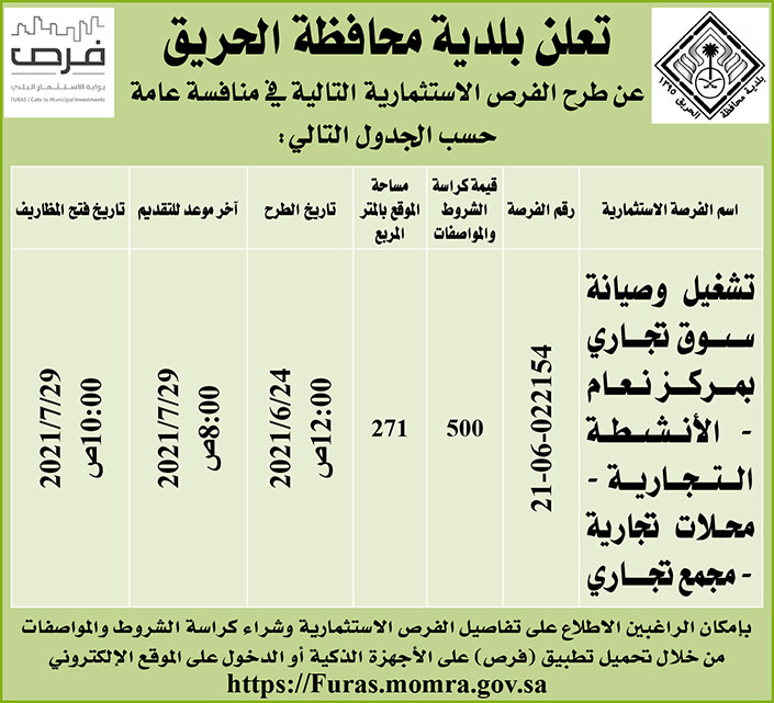 بلدية محافظة الحريق تطرح فرصاً استثمارية في منافسة عامة 