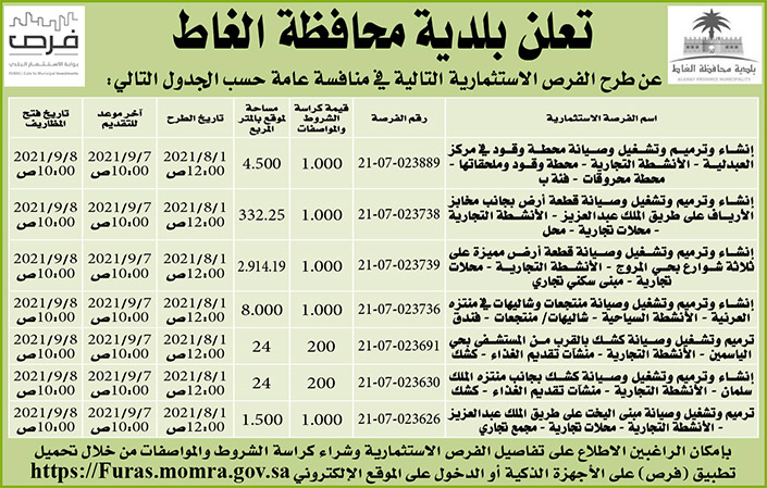 بلدية محافظة الغاط تطرح فرصاً استثمارية في منافسة عامة 