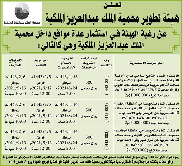 هيئة تطوير محمية الملك عبدالعزيز الملكية ترغب في استثمار عدة مواقع داخل محمية الملك عبدالعزيز الملكية 