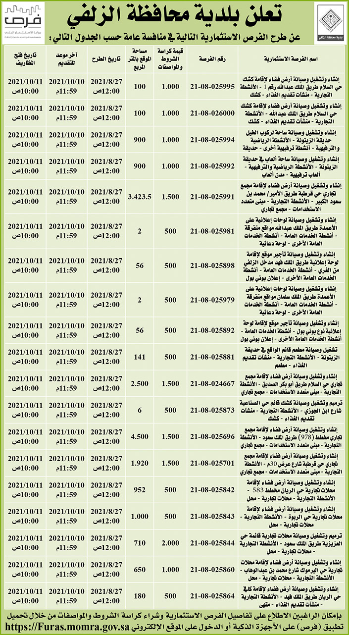 بلدية محافظة الزلفي تطرح فرص استثمارية في منافسة عامة 