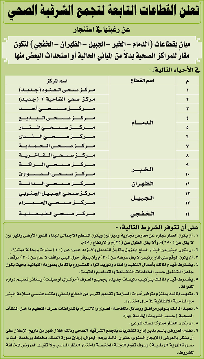 القطاعات التابعة لتجميع الشرقية الصحي ترغب في استئجار مبانٍ بقطاعات (الدمام - الخبر - الجبيل - الظهران - الخفجي) 