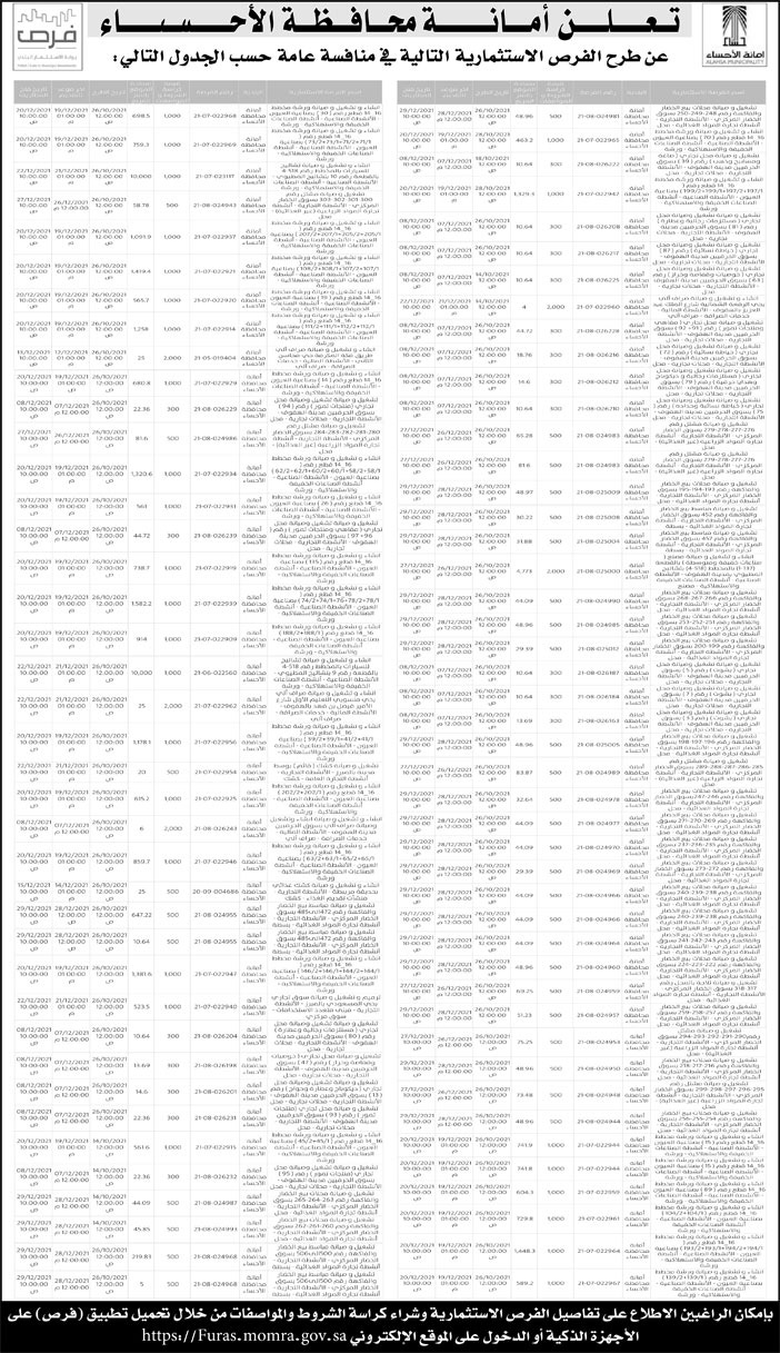 أمانة محافظة الأحساء تطرح فرص استثمارية في منافسة عامة 