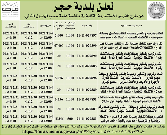 بلدية حجر تطرح فرص استثمارية في منافسة عامة 