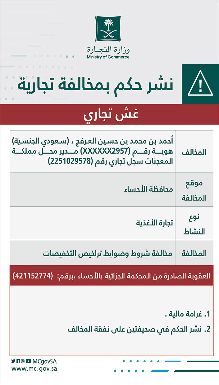 نشر حكم بمخالفة تجارية 