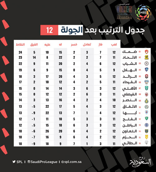 جدول الترتيب بعد الجولة 12 من دوري كأس الأمير محمد بن سلمان للمحترفين 
