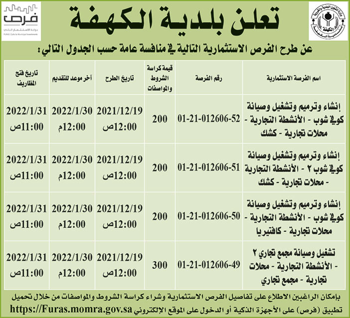بلدية الكهفة تطرح فرص استثمارية في منافسة عامة 