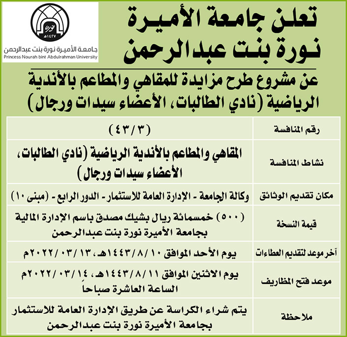 جامعة الأميرة نورة بنت عبدالرحمن تطرح مشروع مزايدة للمقاهي والمطاعم بالأندية الرياضية (نادي الطالبات - الأعضاء سيدات ورجال) 