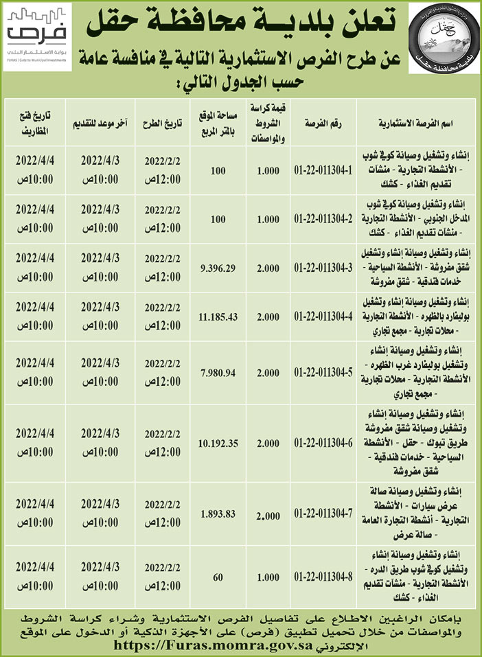 بلدية محافظة حقل تطرح فرص استثمارية في منافسة عامة 