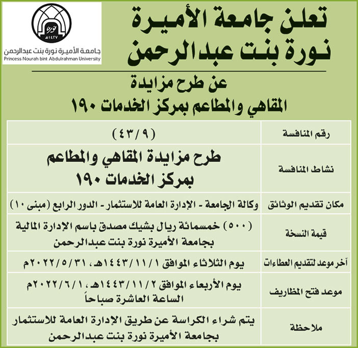 جامعة الأميرة نورة بنت عبدالرحمن تطرح مزايدة المقاهي والمطاعم بمركز الخدمات (190) 
