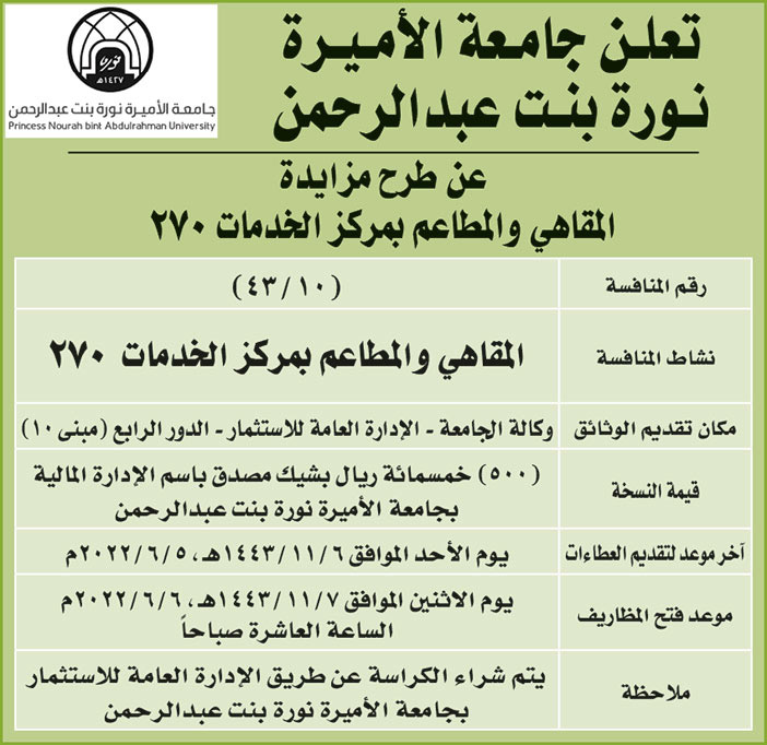 جامعة الأميرة نورة بنت عبدالرحمن تطرح مزايدة المقاهي والمطاعم بمركز الخدمات (270) 