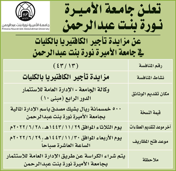 جامعة الاميرة نورة بنت عبدالرحمن تعلن عن مزايدة تأجير الكافتيريا بكليات الجامعة 