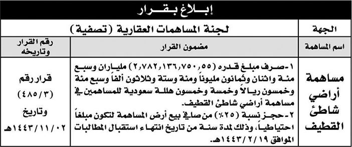 إبلاغ بقرار لجنة المساهمات العقارية (تصفية) عن مساهمة أراضي شاطئ القطيف 