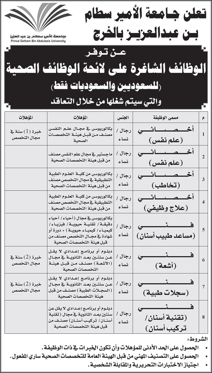 جامعة الأمير سطام بن عبدالعزيز بالخرج تعلن عن توفر وظائف شاغرة على لائحة الوظائف الصحية (للسعوديين والسعوديات فقط) 