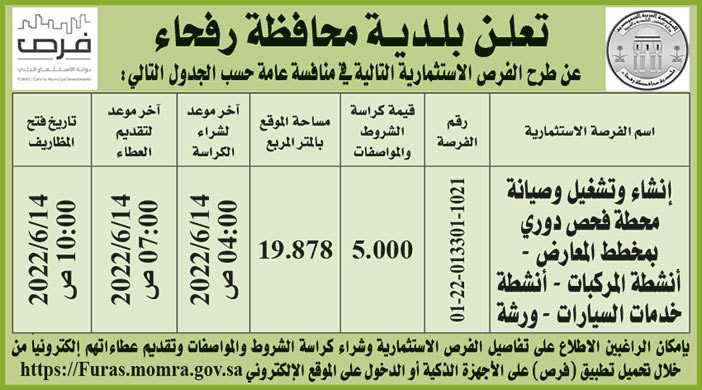 بلدية محافظة رفحاء تطرح فرص استثمارية في منافسة عامة 