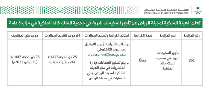 الهيئة الملكية لمدينة الرياض تعلن عن تأجير المخيمات البرية في محمية الملك خالد الملكية في مزايدة عانة 