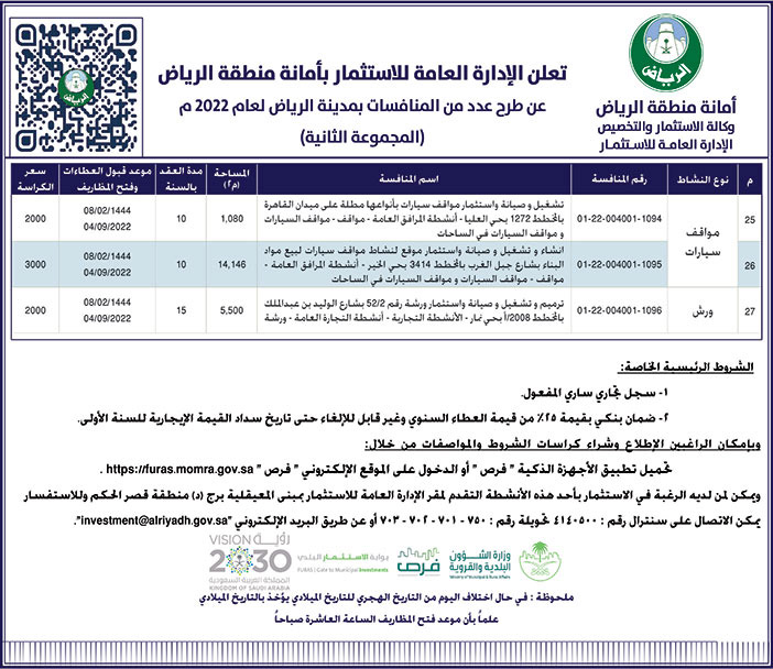 الإدارة العامة للاستثمار بأمانة منطقة الرياض تطرح عدد من المنافسات بمدينة الرياض لعام 2022م (المجموعة الثانية) 