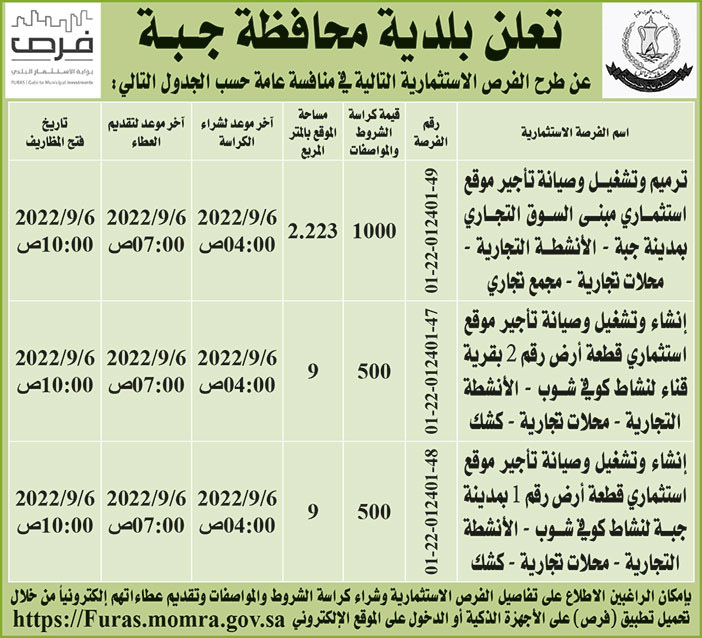 بلدية محافظة جبة تطرح فرص استثمارية في منافسة عامة 