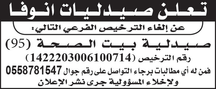 صيدليات انوفا تلغي الترخيص الفرعي لصيدلية بيت الصحة (75) 