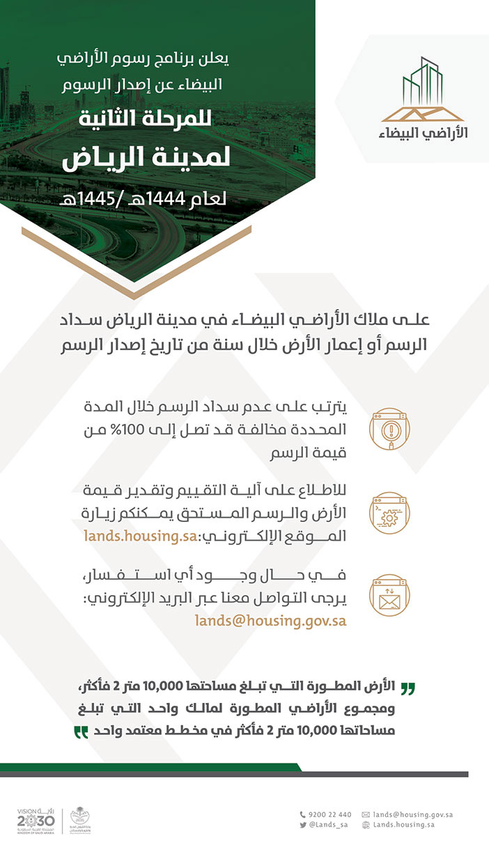 برنامج رسوم الأراضي البيضاء  يعلن المرحلة الثانية لمدينة الرياض لعام 1444هـ / 1445هـ على ملاك الأراضي البيضاء في مدينة الرياض سداد الرسم أو إعمار الأرض خلال سنة من تاريخ إصدار الرسم 