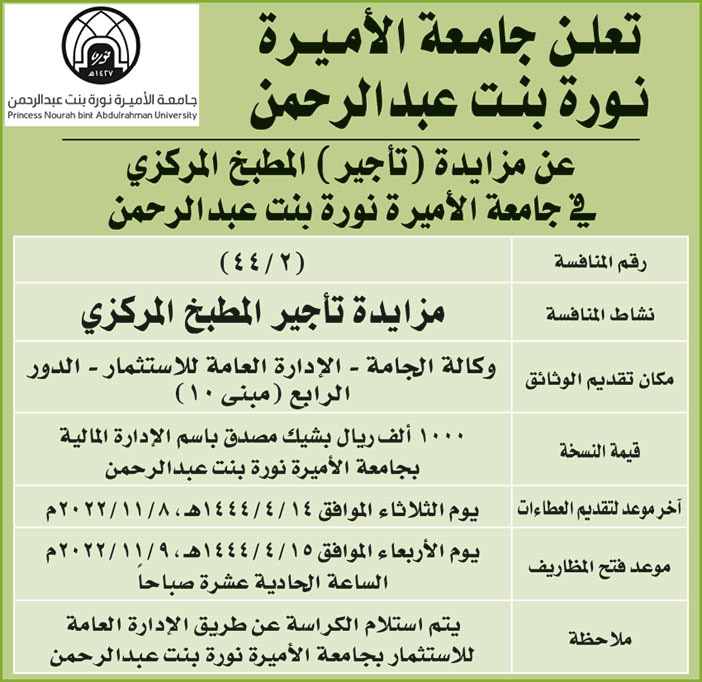 جامعة الاميرة نورة بنت عبدالرحمن تطرح مزايدة (تأجير) المطبخ المركزي في جامعة الأميرة نورة بنت عبدالرحمن 