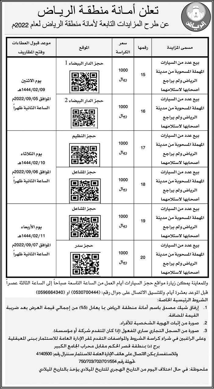 أمانة منطقة الرياض تطرح مزايدات تابعة لأمانة منطقة الرياض لعام 2022م 