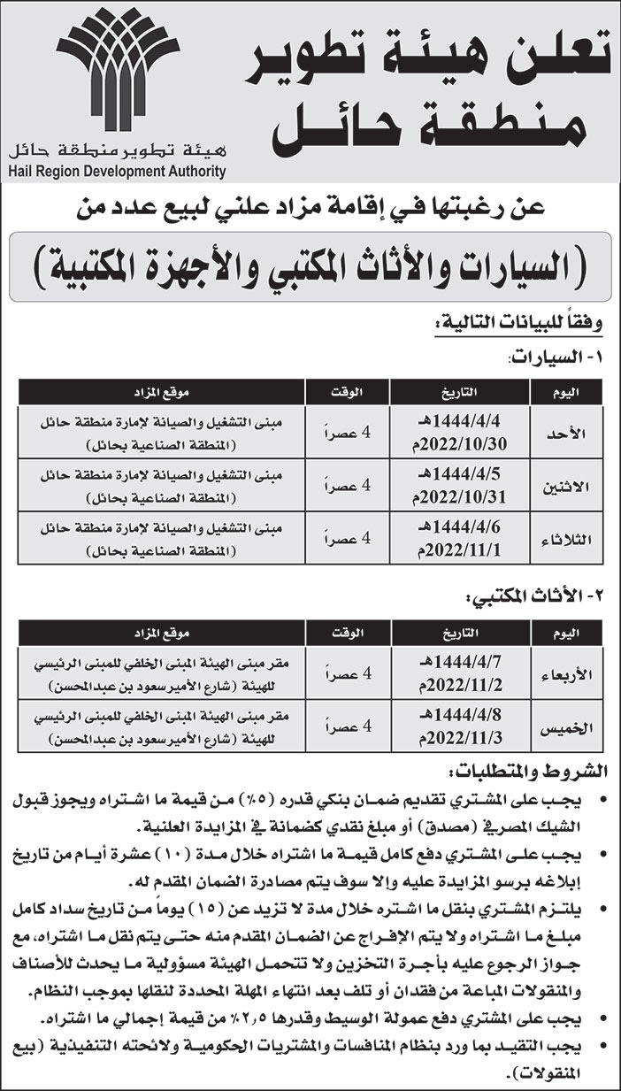 إعلان هيئة تطوير منطقة حائل 