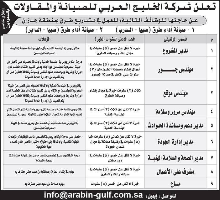 إعلان وظائف من شركة الخليج العربي 