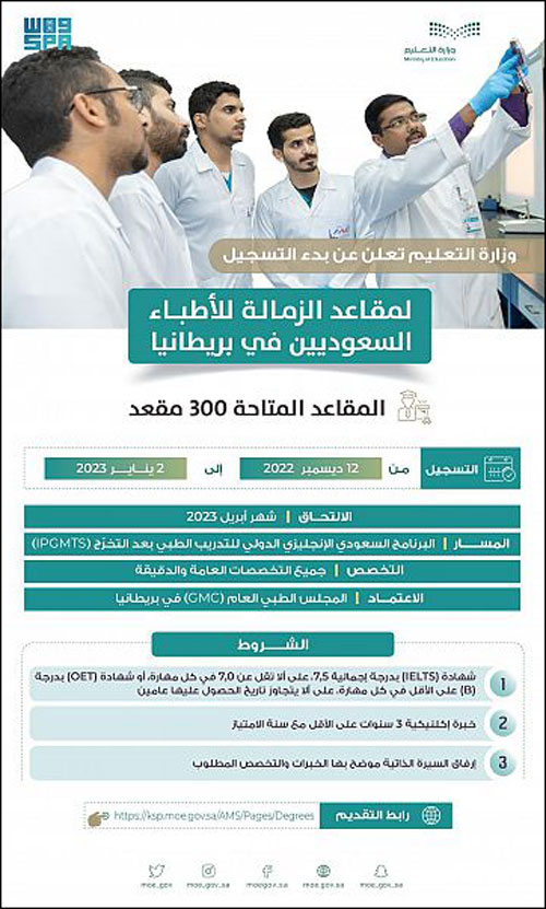 «التعليم»: تخصيص 300 مقعد ومنحة في الزمالة للأطباء السعوديين في بريطانيا 