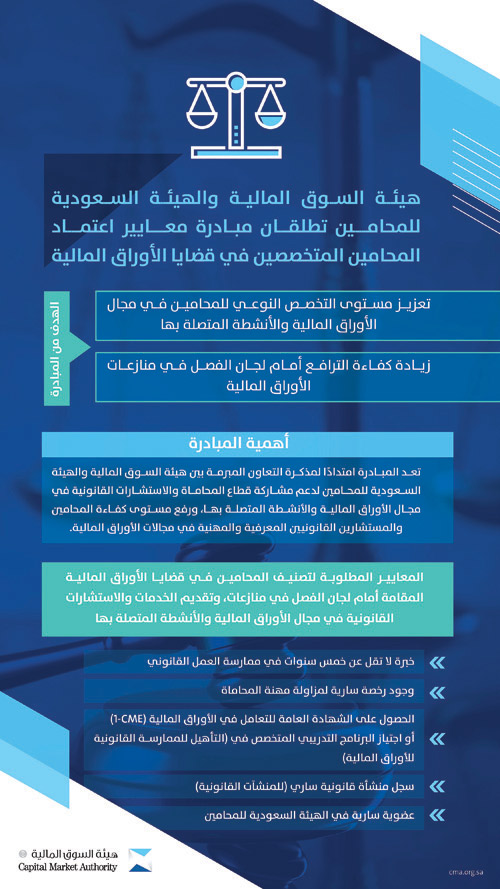 إطلاق مبادرة معايير اعتماد المحامين المتخصصين في قضايا الأوراق المالية 