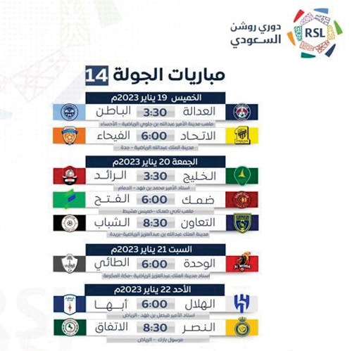 جدول مباريات الجولة 14 من دوري روشن السعودي 