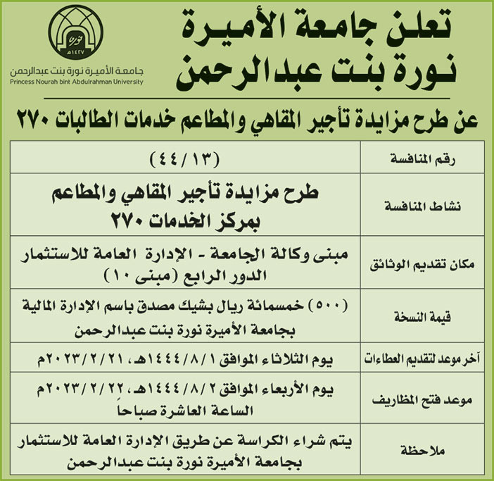 إعلان جامعة الأميرة نورة بنت عبدالرحمن 