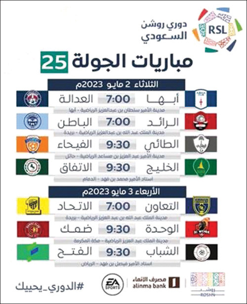 جدول مباريات الجولة 25 بدوري روشن 