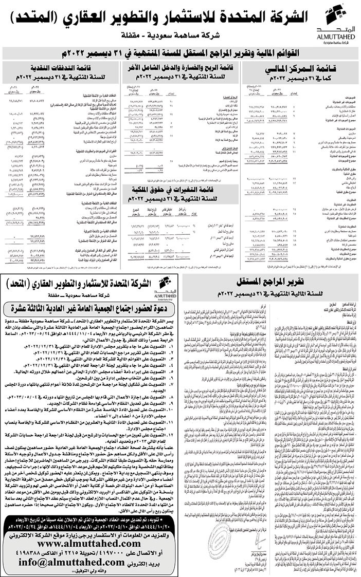 ميزانية الشركة المتحدة للاستثمار والتطوير العقاري (المتحد) القوائم المالية وتقرير المراجع والدعوة 