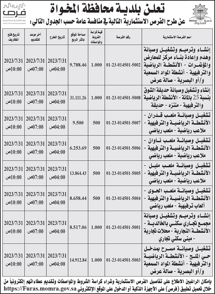 إعلان بلدية محافظة المخواة 