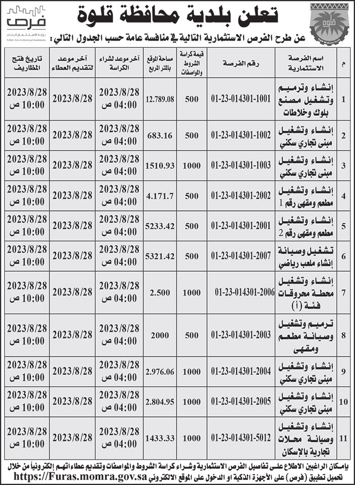 إعلان بلدية محافظة قلوة 