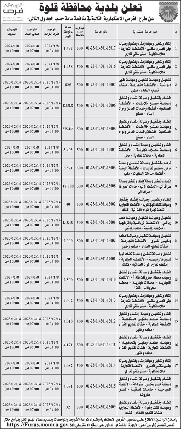 إعلان بلدية محافظة قلوة 