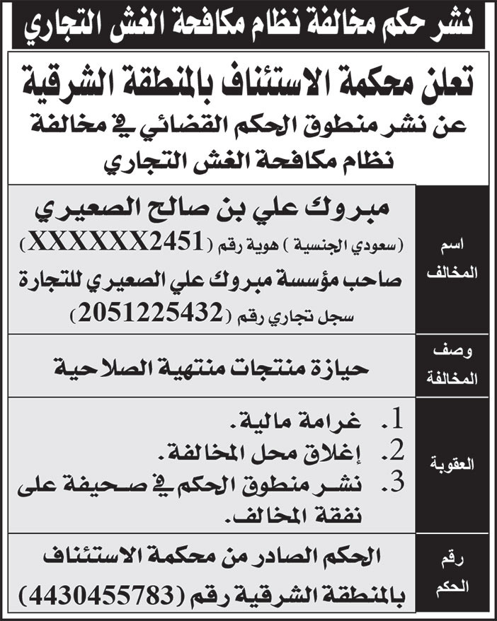 إعلان نشر حكم مخالفة نظام مكافحة الغش التجاري 