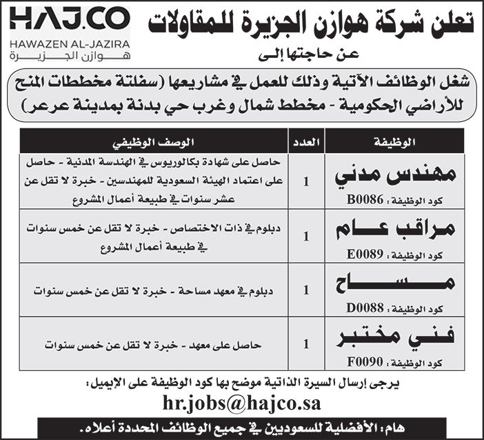 إعلان وظائف من شركة هوازن الجزيرة للمقاولات 