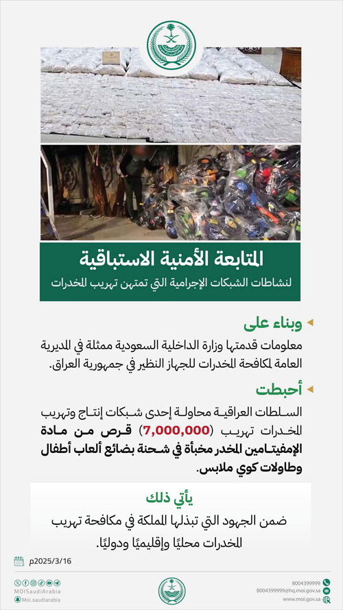 المملكة تسهم في إحباط محاولة تهريب 7 ملايين قرص «إمفيتامين» في العراق 