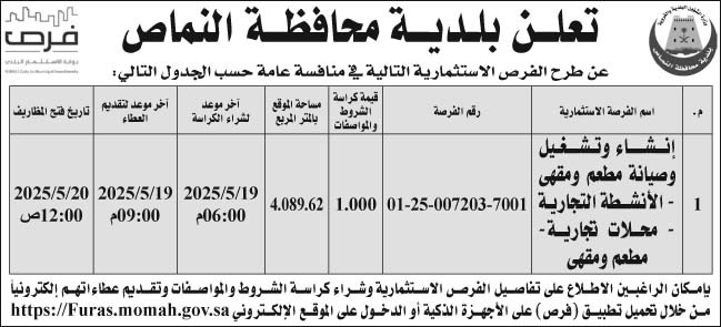 إعلان بلدية محافظة النماص 