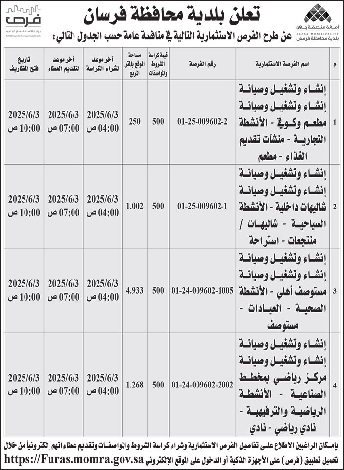 إعلان بلدية محافظة فرسان 