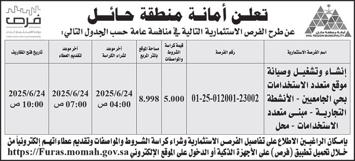 إعلان أمانة منطقة حائل 