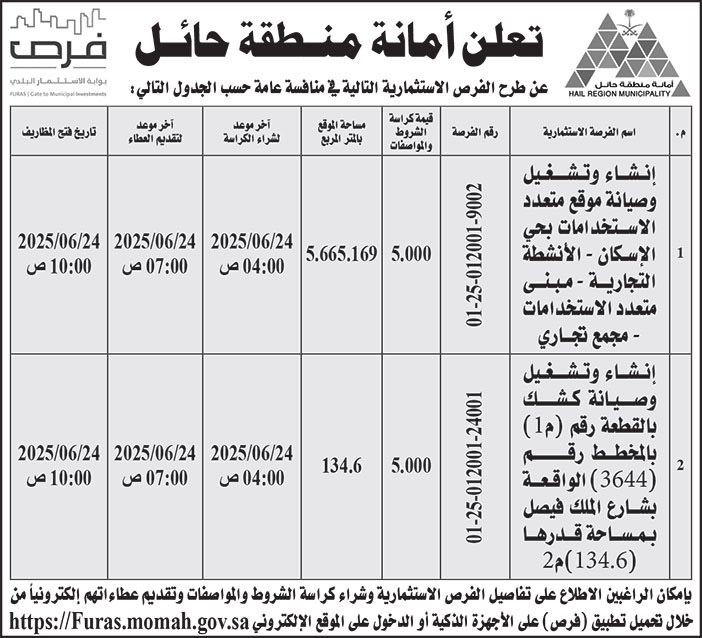 إعلان أمانة منطقة حائل 