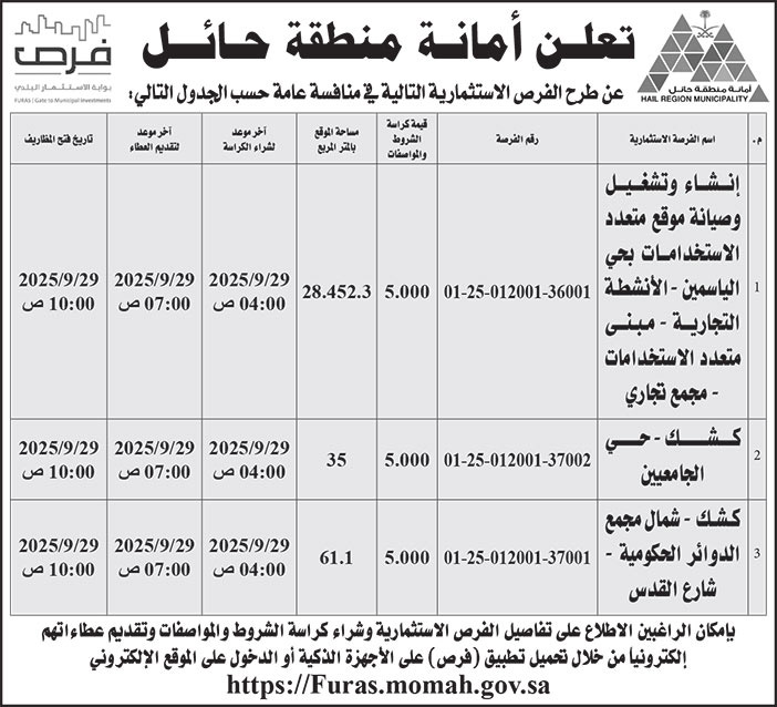 إعلان أمانة منطقة حائل 